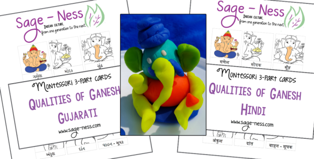 Qualities of Ganesh Montessori 3-part cards, kids activity in Gujarati & Hindi