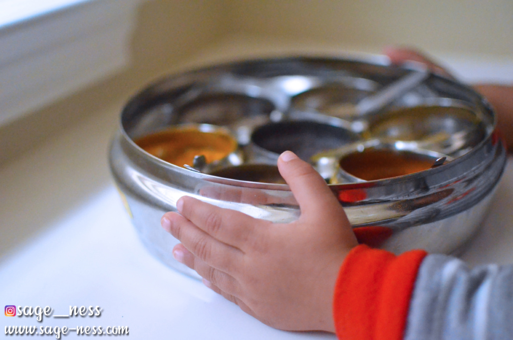 Montessori Kids cooking with Indian Spice Container